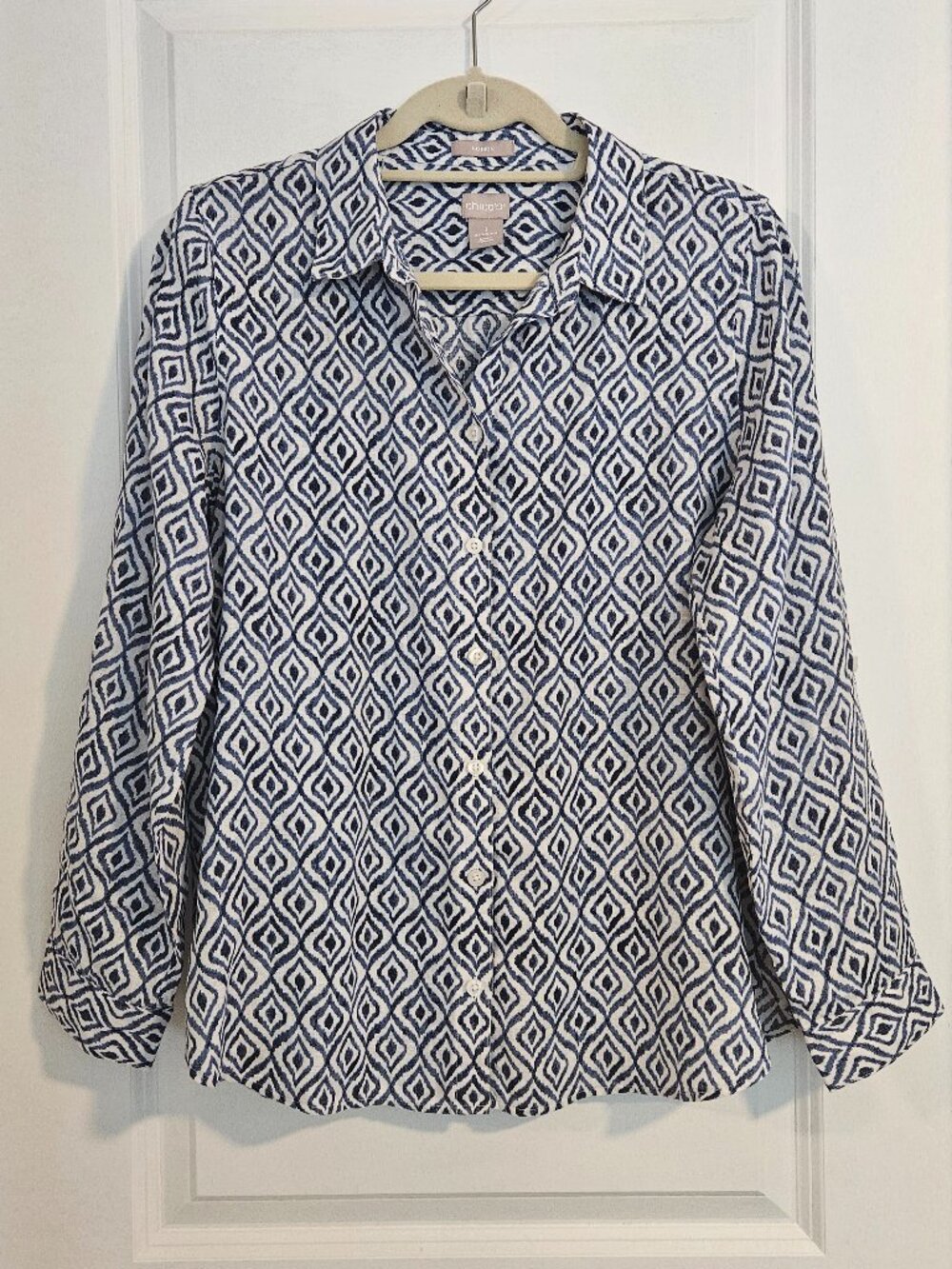 Chico’s 100% Linen Blue White Geometric Button Front Shirt Size 1 (8/10)